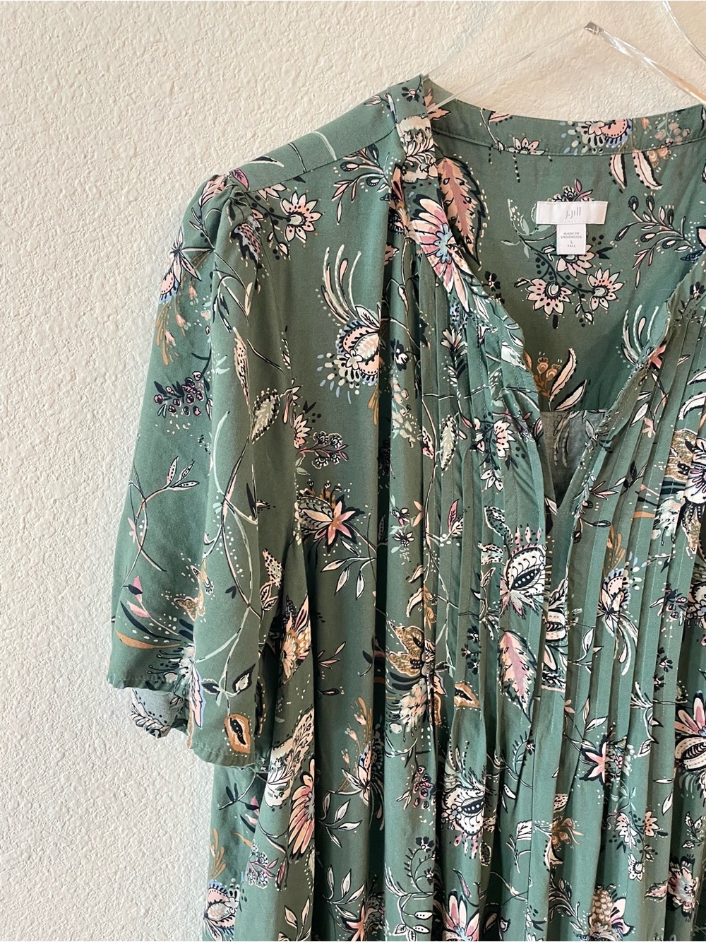 J. Jill Green Short Sleeve Paisley Pintuck Swing Dress L - Picture 3 of 6